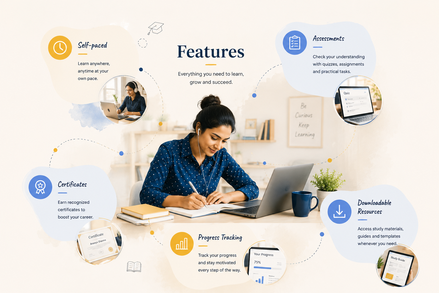 Teacher studying online with features around her